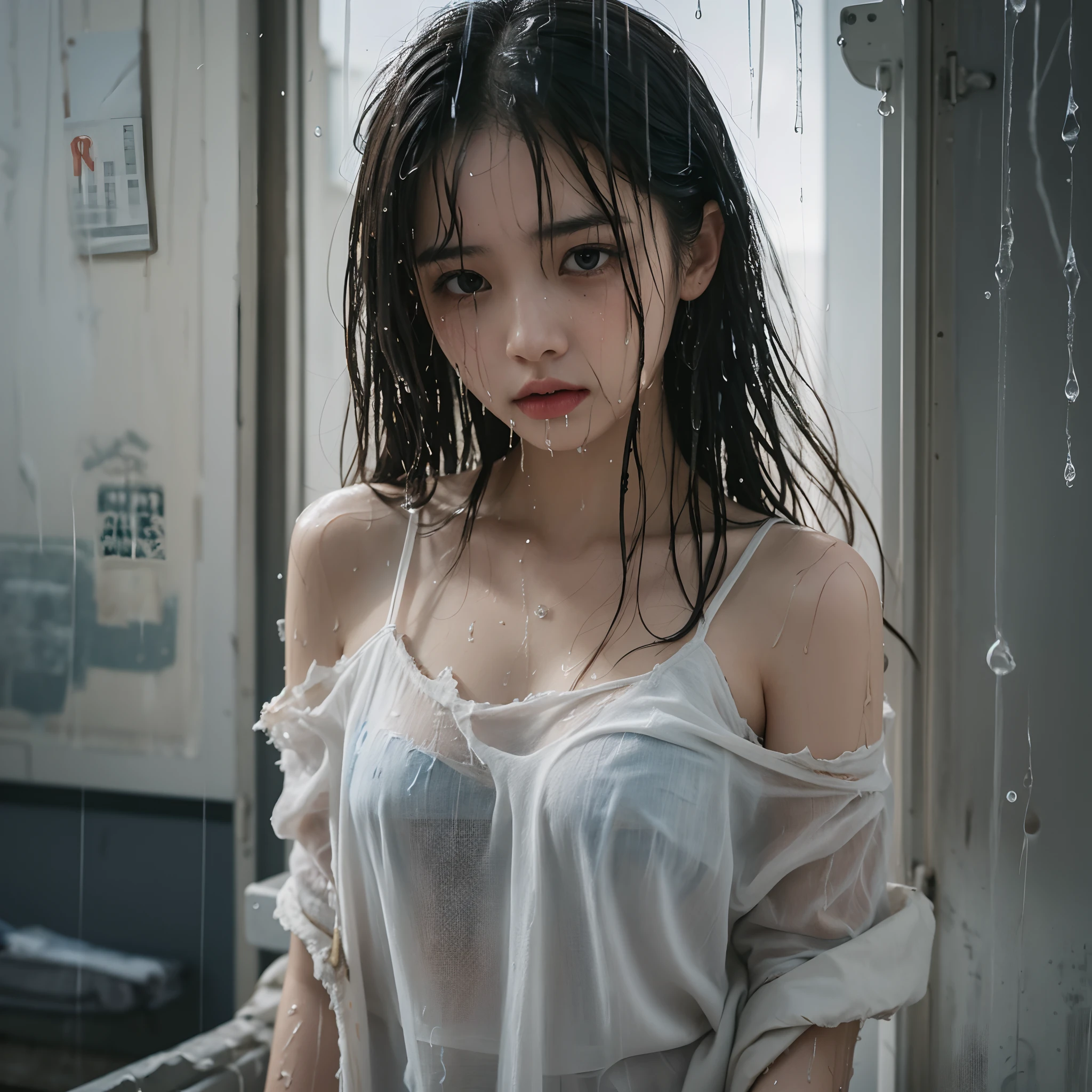 Best picture quality, masterpiece, ultra high resolution, (fidelity :1.4), photo, 1 girl,[(sadness)],white shirt, Dim, dark, desperate, pitying, pitiful, cinematic,tear,teardrop,(Torn clothes:1.5), (Wet clothes:1.4), bare shoulders,Real rain,wet hair,..