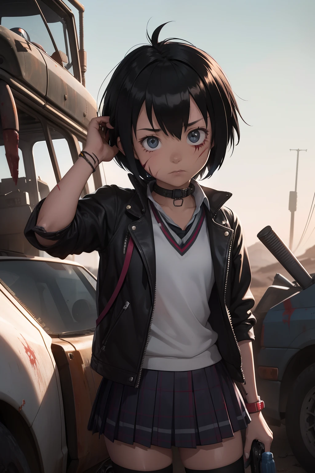 Peni Parker Post apocalyptic post apocalyptic, desert, mad max, scarred, blood on face, bruised, scars, goggles on head, goggles on head, schoolgirl uniform, leather jacket black with schoolgirl outfit underneath, scars, tools, mech in back, MECH, MECH,MECH, guns on holter, tools, techy, engineer, scars, scars, scars, Peni
