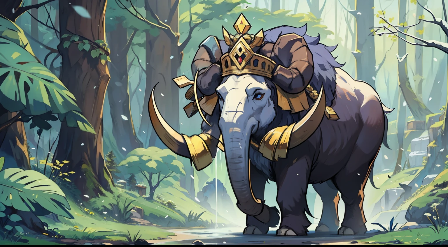 a magical mammoth wearing a king's crown a mammoth king, feroz e poderoso como inimigo, um chefe de masmorra para RPG, um animal grande e gordo, animal, besta com chifres grossos e poderosos, como um papamute, como um mamute branco, uma criatura poderosa no meio de uma floresta de neve em uma arte de RPG de nevasca medieval;