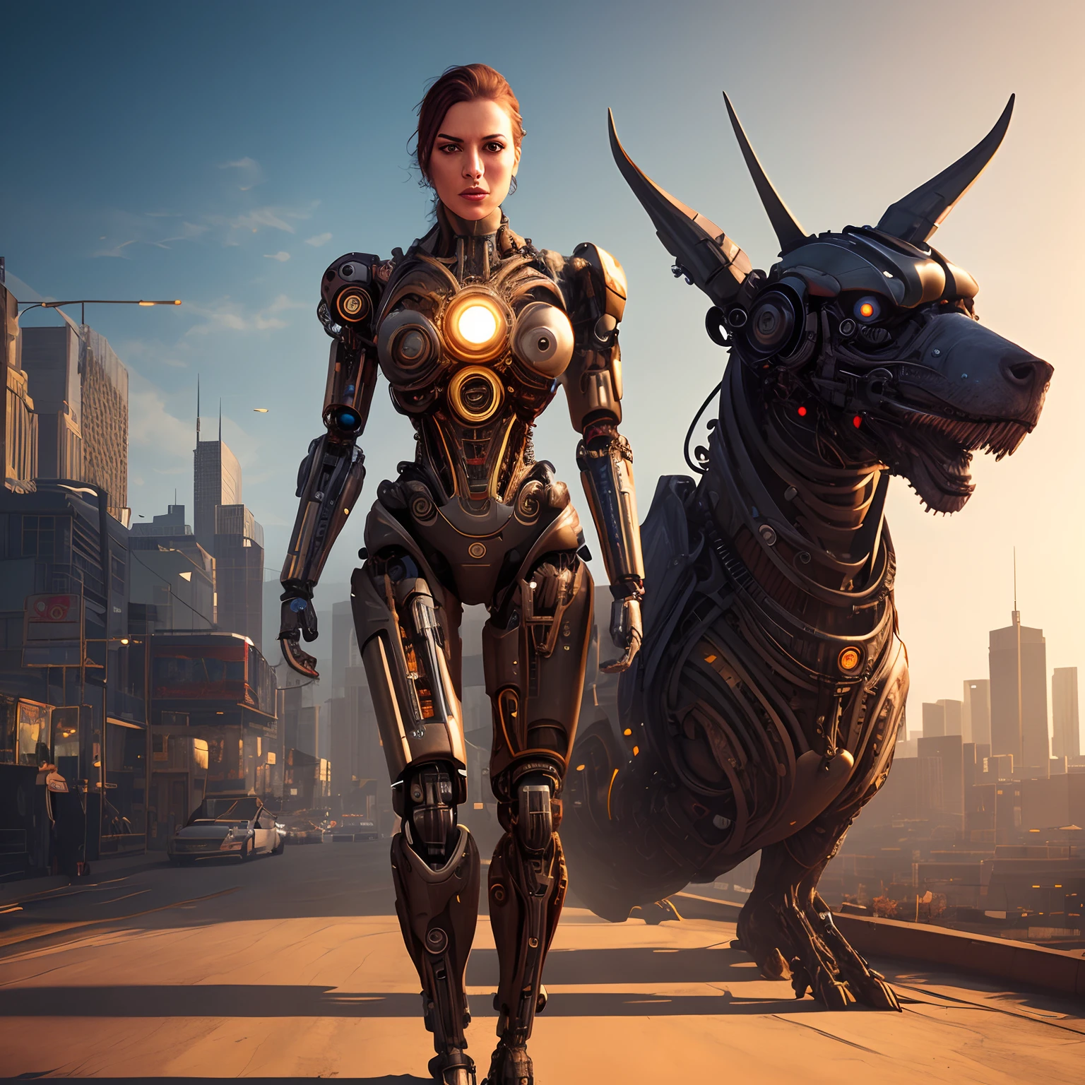 full body cyborg| full-length portrait| detailed face| symmetric| steampunk| cyberpunk| cyborg| intricate detailed| to scale| hyperrealistic| cinematic lighting| digital art| concept art| mdjrny-v4 style