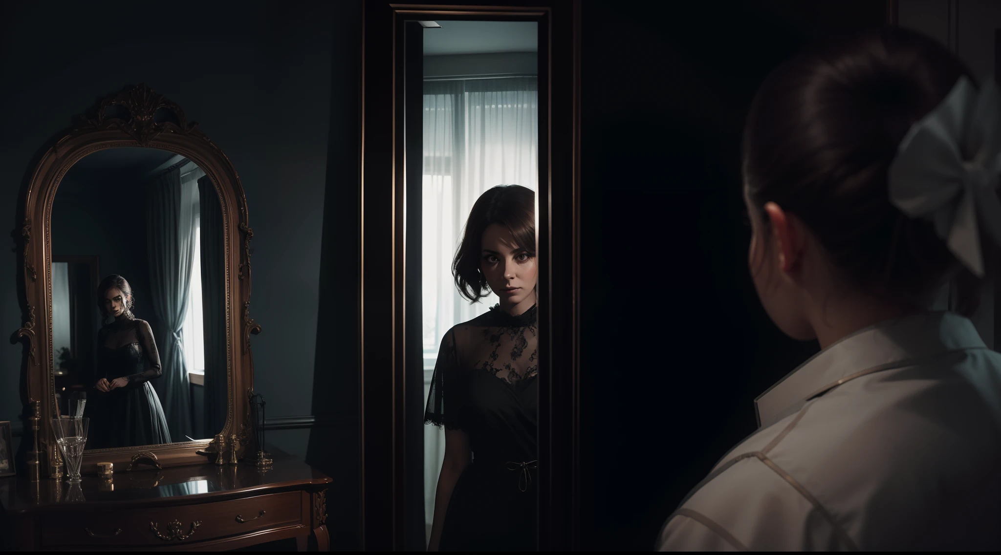 A woman looking at her spooky reflection in the mirror, elaborately framed mirror, shadows writhing in the background, realistic image