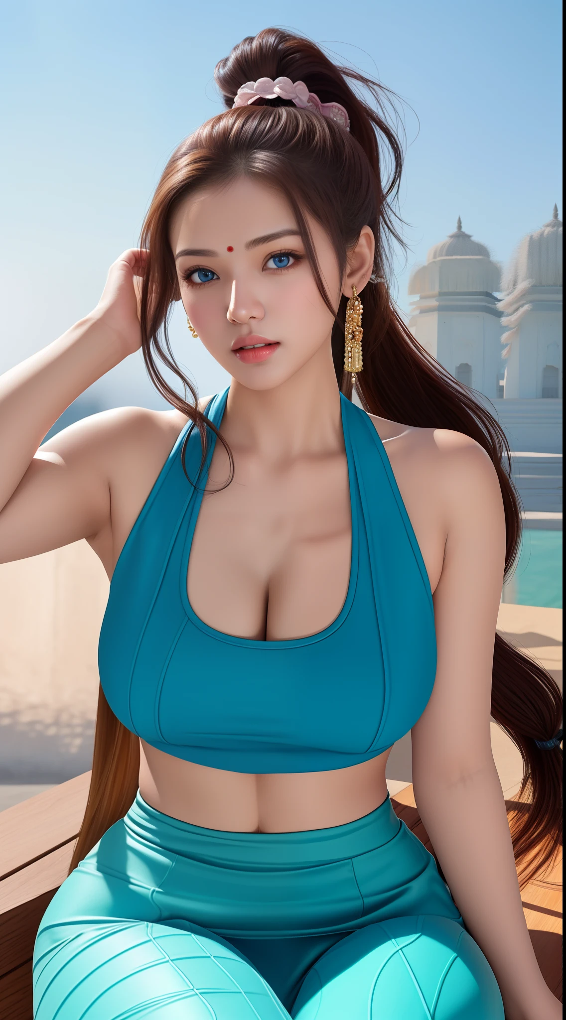 (hyperrealistic), (illustration), (high resolution), (8K), (extremely detailed), (best illustration), (beautiful detailed eyes), (best quality), (ultra-detailed), (masterpiece), (wallpaper), (photorealistic:1.4), (natural light), (rim lighting), (detailed face), high detailed realistic asian skin texture, anatomically correct, solo, 1 girl, 25 year old most beautiful Indian girl, (high detailed realistic long wavy hair:1.35), (ponytail contorted:1.4), heterochromic eyes, (detailed blue eyes), (realistic big breasts:1.5), long legs, tight abs, dynamic pose, sport bra, korean winter jacket, (upon body from head to thighs:1.4), (Beautiful Cute indian Woman:1.55)