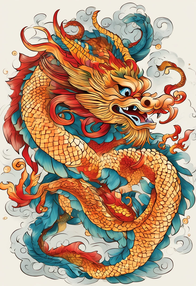 (China - Chic Chinese dragon, anatomically correct，Oriental elements),（China - chic illustration:1.5, Vector painting:1.5),(Chinese colors, senior color matching,Gradient background,White background),(Very detailed, reasonable design, Clear lines, High sharpness,best quality, masterpiece, official art, movie lighting effects, 4K )