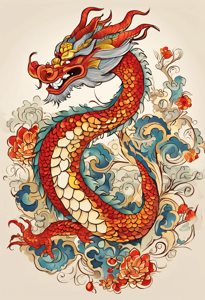 (China - Chic Chinese dragon, anatomically correct,Oriental elements),(China - chic illustration:1.5, Vector painting:1.5),(Chinese colors, senior color matching,Gradient background,White background),(Very detailed, reasonable design, Clear lines, High sharpness,best quality, masterpiece, official art, movie lighting effects, 4K )