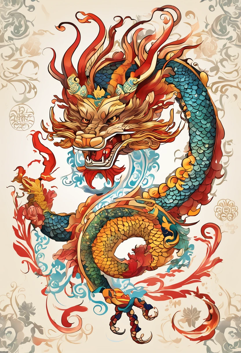 (China - Chic Chinese dragon, anatomically correct，Oriental elements),（China - chic illustration:1.5, Vector painting:1.5),(Chinese colors, senior color matching,Gradient background,White background),(Very detailed, reasonable design, Clear lines, High sharpness,best quality, masterpiece, official art, movie lighting effects, 4K )