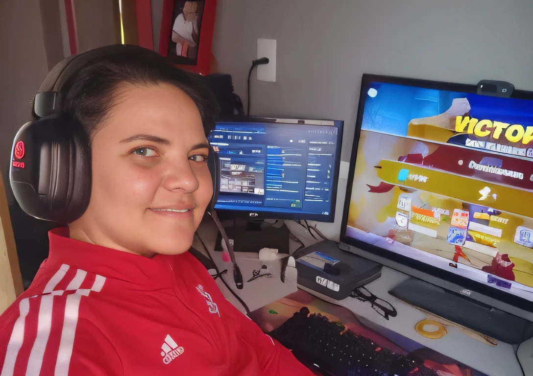 There's a woman sitting at a desk with a computer and headphones, Streamer do Twitch, Streamer do Twitch / Jogador Ludwig, foto de perfil 1024px, Streaming na Twitch, jogos, jogador, by Gina Pellón, Anos Imane, Adriana DXIM, Brincando, youtuber, album photo, fernanda suarez, coluna, na frente de um computador