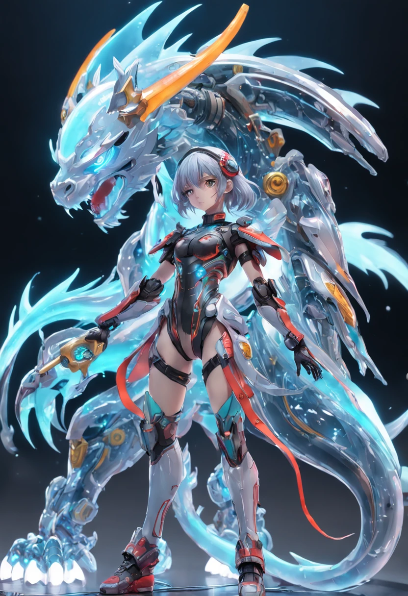 chinesedragon, (Blind box toy style:1.2), (Full body shot) , 1 Transparent girl,Behind him is a transparent Chinese dragon, Transparent mech, Exquisite helmet:1.2, Luminous goggles:1.2, Cyberpunk, dreamy glow, luminous neon lights, Clean, White background, ( Global illumination, Ray traching, hdr, unreal render,reasonable design, high detal, Masterpiece, Best quality, hyper HD, Cinematic lighting)