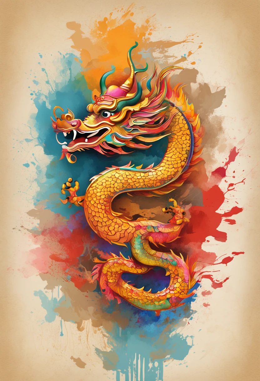 (China - Chic Chinese dragon, anatomically correct，Oriental elements),（China - chic illustration:1.5, Vector painting:1.5),(Chinese colors, senior color matching,Gradient background,White background),(Very detailed, reasonable design, Clear lines, High sharpness,best quality, masterpiece, official art, movie lighting effects, 4K )