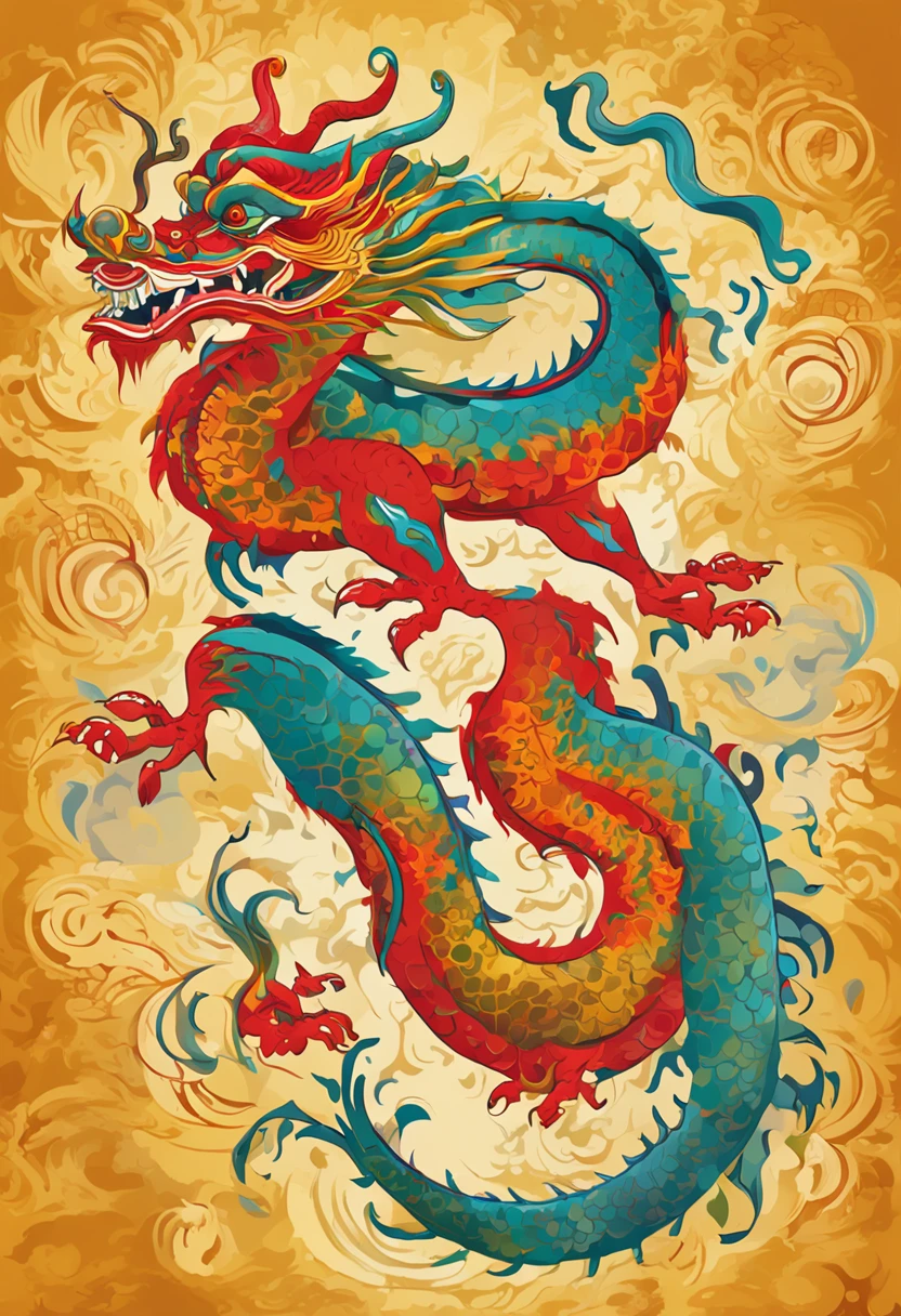 (China - Chic Chinese dragon, anatomically correct，Oriental elements),（China - chic illustration:1.5, Vector painting:1.5),(Chinese colors, senior color matching,Gradient background,White background),(Very detailed, reasonable design, Clear lines, High sharpness,best quality, masterpiece, official art, movie lighting effects, 4K )
