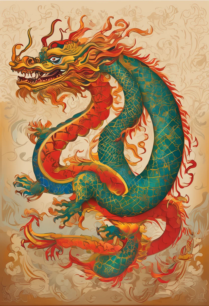 (China - Chic Chinese dragon, anatomically correct，Oriental elements),（China - chic illustration:1.5, Vector painting:1.5),(Chinese colors, senior color matching,Gradient background,White background),(Very detailed, reasonable design, Clear lines, High sharpness,best quality, masterpiece, official art, movie lighting effects, 4K )