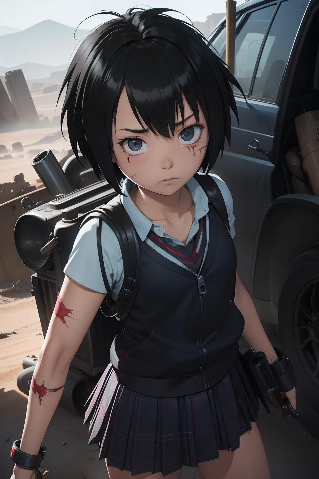 Peni Parker Post apocalyptic post apocalyptic, desert, mad max, scarred, blood on face, bruised, scars, goggles on head, goggles on head, schoolgirl uniform, leather jacket black with schoolgirl outfit underneath, scars, tools, mech in back, MECH, MECH,MECH, guns on holter, tools, techy, engineer, scars, scars, scars, Peni