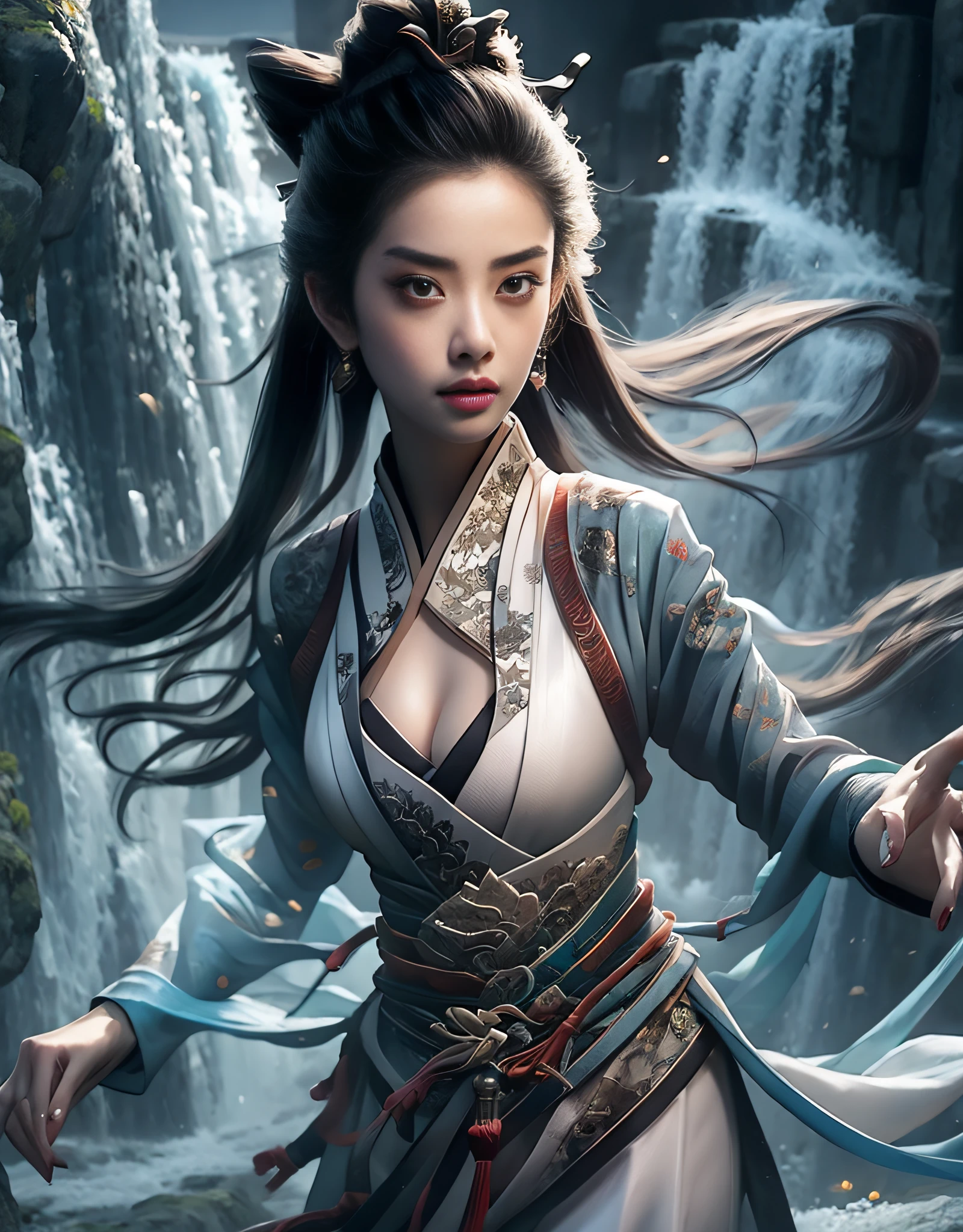 Close-up of a woman in an embroidered dress, very beautiful beauty, surrounded by auspicious clouds, Chinese fantasy, beautiful digital artwork, master works, Ross Tran 8 K, Zhang Jingna, Xian Xia Fantasy, CGsociety and Fenghua Bell, Chinese style, dragon inspired cloth robe, Ross Tran and WLOP, sea queen Mu Yanling, inspired by Chu Derun, natural movements, natural expressions