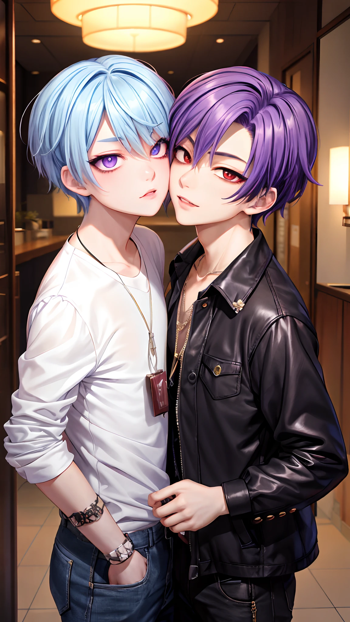 ​masterpiece, top-quality, 2Others, Male couple, 1 man and 1,, Adults, Height difference, different fashion, different color, finely eye and detailed face, intricate detailes, Korean Fashion, Oversized shirt, Modern urban streets, A smile, Happiness, tenderness, queers, high-level image quality、 Two beautiful men、tall、The upper part of the body、nightfall、nighttime scene、𝓡𝓸𝓶𝓪𝓷𝓽𝓲𝓬、Korean Male, k pop, Professional Photos, Vampires, Korean fashion in black and white, Fedoman with necklace, inspired by Sim Sa-jeong, androgynous vampire, :9 detailed face: 8, extra detailed face, detailed punk hair, ((eyes are brown)) baggy eyes. Highly detailed, semi realistic anime, Vampires, hyperrealistic teen, delicate androgynous prince, imvu, short hair above the ears, Man with short hair, With a purple-haired man with a wild expression, Man with light blue hair with gentle expression, With a short-haired man with bright purple hair, Man with light blue hair