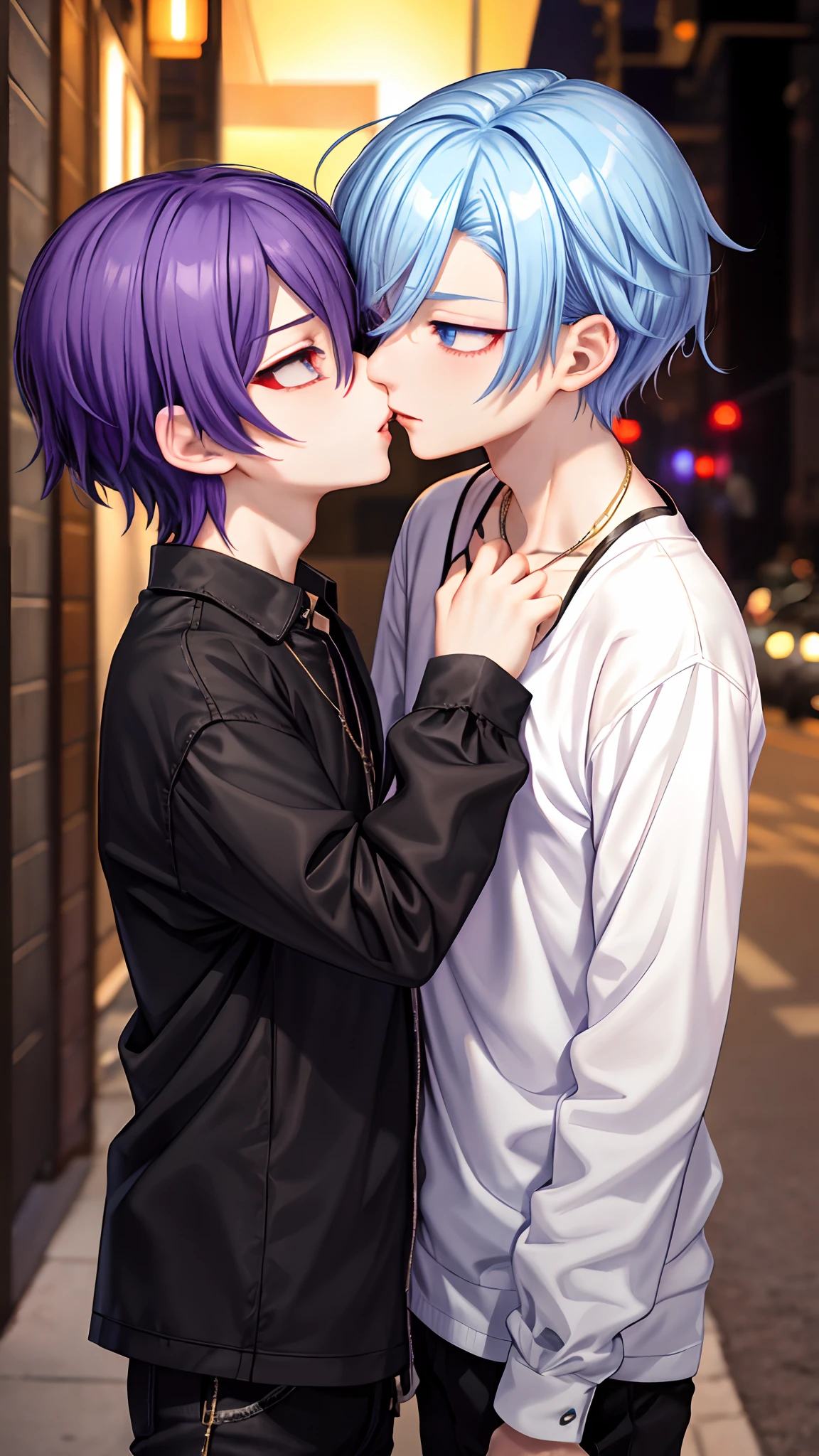 masterpiece, top-quality, 2Others, Male couple, 1 man and 1,, Adults, Height difference, different fashion, different color, finely eye and detailed face, intricate detailes, Casual clothing, Oversized shirt, Modern urban streets, A smile, Happiness, tenderness, queers, high-level image quality、 Two beautiful men、tall、The upper part of the body、nightfall、nighttime scene、𝓡𝓸𝓶𝓪𝓷𝓽𝓲𝓬、Two Men Kissing, Korean Male, Idol Photos, k pop, Professional Photos, Vampires, Korean fashion in black and white, Fedoman with necklace, inspired by Sim Sa-jeong, androgynous vampire, :9 detailed face: 8, extra detailed face, detailed punk hair, ((eyes are brown)) baggy eyes, Seductive. Highly detailed, semi realistic anime, Vampires, hyperrealistic , delicate androgynous prince, imvu, short hair above the ears, Man with short hair, Purple-haired man with a glaring expression and a man with light blue hair with a gentle expression, With a short-haired man with bright purple hair, Man with light blue hair, kiss together, Kissing each other,