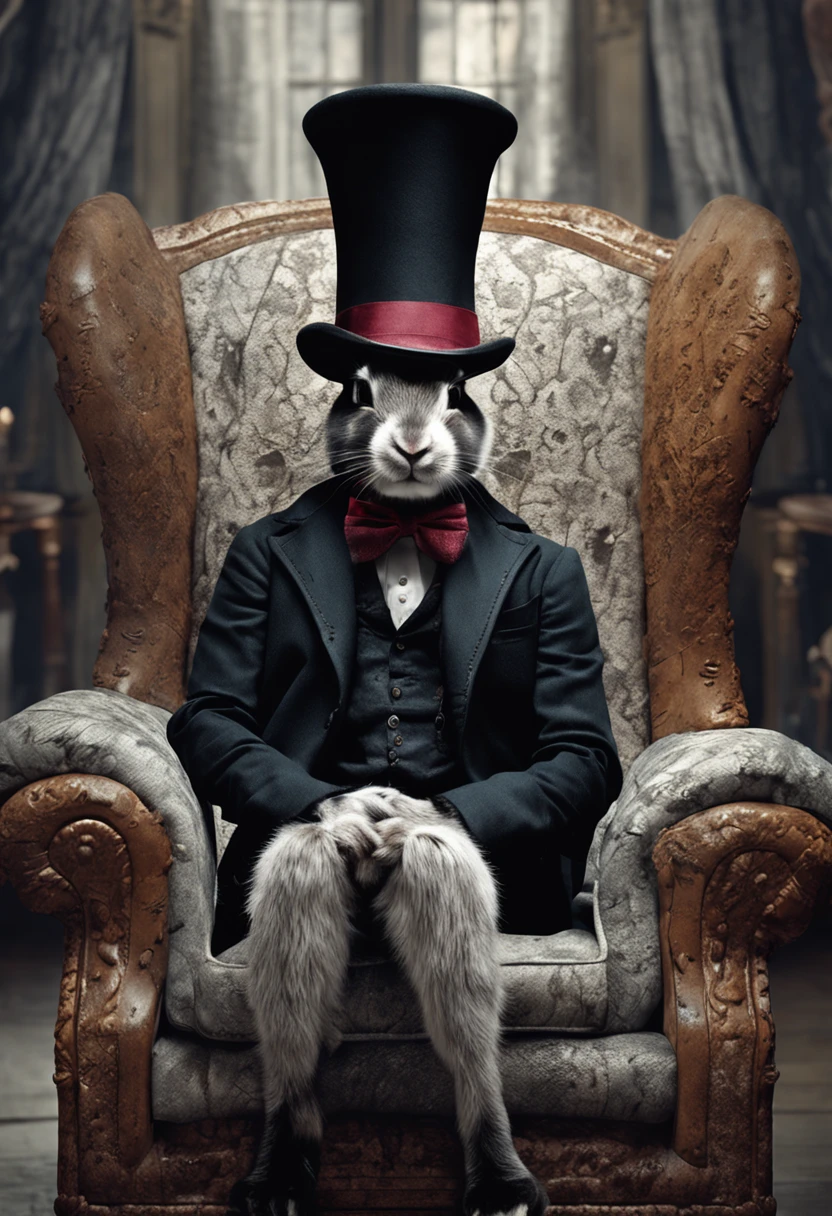 a bunny in a top hat sits on a chair, in the style of nightmarish creatures, photographically detailed portraitures, sketch fab, intricate textures, dragon art, detailed costumes, detailed facial features