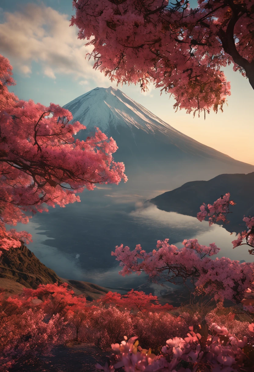 Original photo of the mountain.Fuji, SakuraNS, small detailed, photo-realistic, Ultra Realistic Photo, 8K UHD, digital SLR camera, gentlesoftlighting, high high quality, Film Particle, FujiXT3, (tmasterpiece)