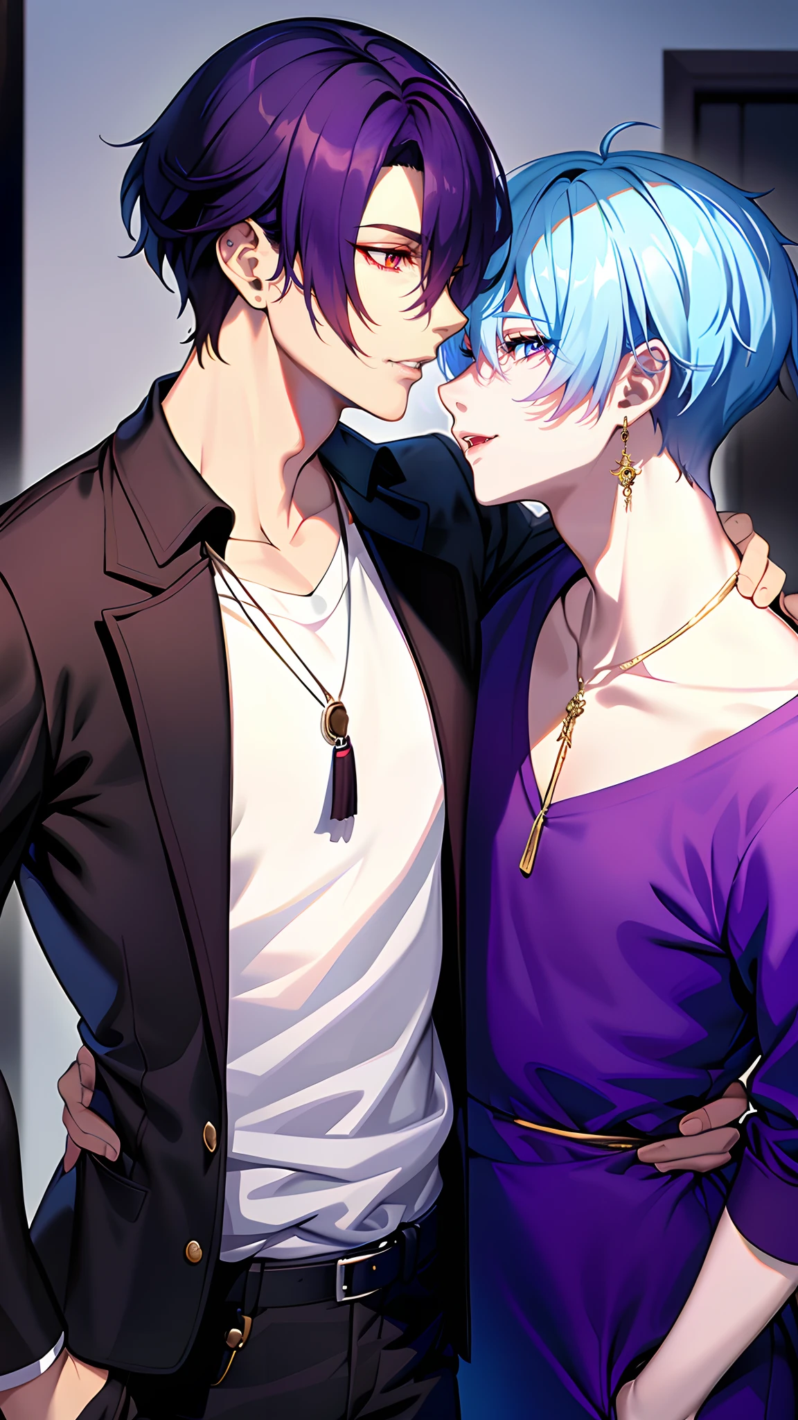 masterpiece, top-quality, 2Others, Male couple, 1 man and 1,, Adults, Height difference, different fashion, different color, finely eye and detailed face, intricate detailes, Casual clothing, Oversized shirt, Modern urban streets, A smile, Happiness, tenderness, queers, high-level image quality、 Two beautiful men、tall、The upper part of the body、nightfall、nighttime scene、𝓡𝓸𝓶𝓪𝓷𝓽𝓲𝓬、Two Men Kissing, Korean Male, Idol Photos, k pop, Professional Photos, Vampires, Korean fashion in black and white, Fedoman with necklace, inspired by Sim Sa-jeong, androgynous vampire, :9 detailed face: 8, extra detailed face, detailed punk hair, ((eyes are brown)) baggy eyes, Seductive. Highly detailed, semi realistic anime, Vampires, hyperrealistic teen, delicate androgynous prince, imvu, short hair above the ears, Man with short hair, Purple-haired man with a glaring expression and a man with light blue hair with a gentle expression, With a short-haired man with bright purple hair, Man with light blue hair, kiss together, Kissing each other,