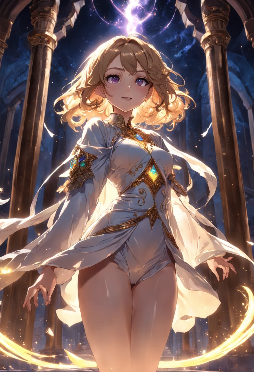 (((realism))), ((detailed face)), (detailed pupils), lips, solo focus, woman, cinematic lighting, dynamic pose, ominous, gorgeous, magical effects, baroque, ((((full body)))), jewelry, ((flowing cloth)), ornate, very long sleeves, thick thighs, glowing eyes, (glowing cracks, flowing cloth), evil smile, detailed background, curly hair, short hair, reflective floor, temple, stars, (caustics), temple, loincloth, (particleA:0.8), (in the style of dispersion)