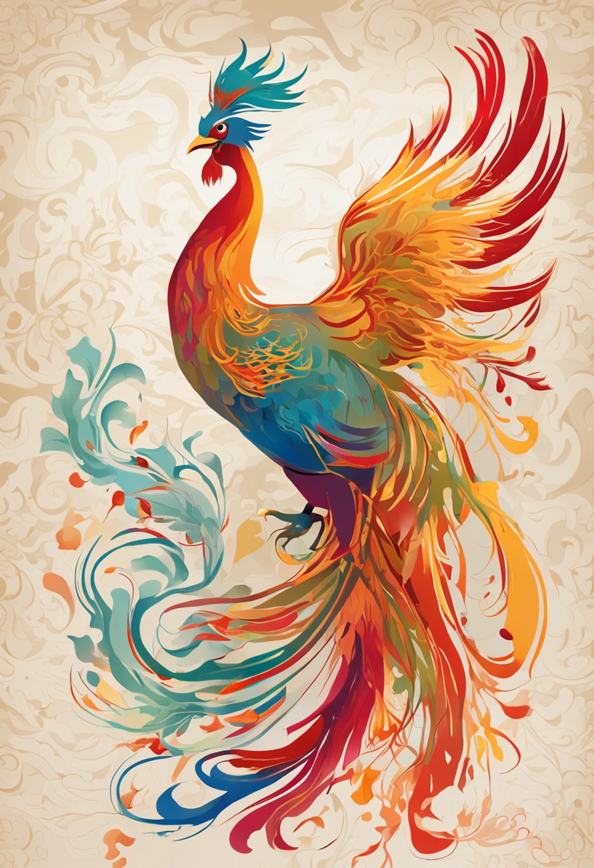 (China - Chic Chinese phoenix, anatomically correct,Oriental elements),(China - chic illustration:1.5, Vector painting:1.5),(Chinese colors, senior color matching,Gradient background,White background),(Very detailed, reasonable design, Clear lines, High sharpness,best quality, masterpiece, official art, movie lighting effects, 4K )