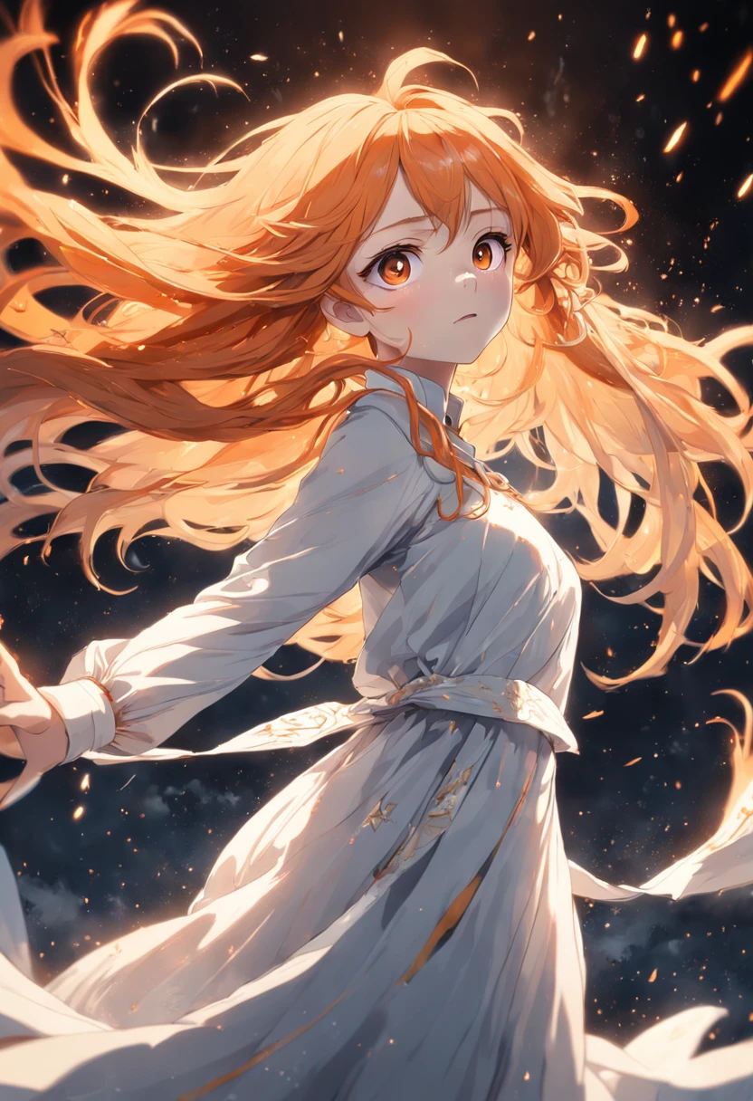 (absurdres, highres, ultra detailed), 1girl, mature female, wavy hair, long orange hair, yellow eyes, white long dress, long sleeves, finely detailed eyes and detailed face, intricate details, BREAK , long exposure, motion blur, fluid movement, ethereal atmosphere, dreamy trails, dynamic energy, time-lapse effect BREAK , paint splatter, expressive drips, random patterns, energetic movement, bold colors, dynamic texture, spontaneous creativity BREAK , majestic peaks, rugged terrain, panoramic vistas, alpine beauty, outdoor adventure, breathtaking heights, (cowboy shot:1.3)