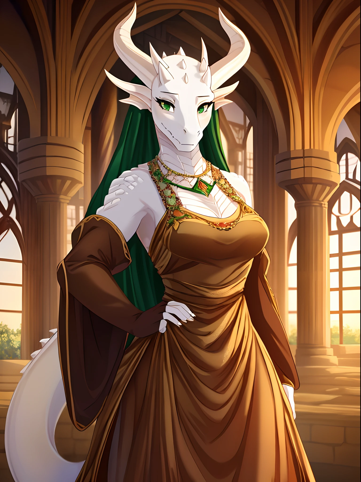 detailed, beautiful, masterpiece, HDR, castle interior background, fantasy setting, queen, (royal green and light brown color dress with wide sleeves:1.5), desert style of clothing, dragon, anthro, female, female full body, ((dark hair, Victorian hairstyle)), white skin, (white scales:1.9), (two long thin horns:1.3), emerald green eyes, detailed eyes, perfectly shaped body, confident majestic pose, finger white claws, delicate facial features, calm gaze, neutral facial expression,