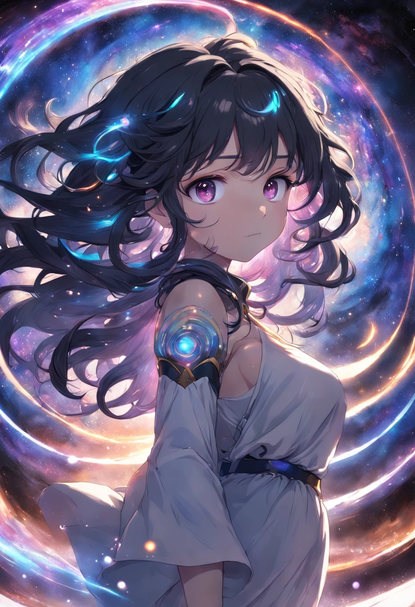 (best quality, masterpiece), 1girl, omnipotent goddess, universe, milky way, particles, black hole, transcendent being, looking at viewer, wavy hair, orb,