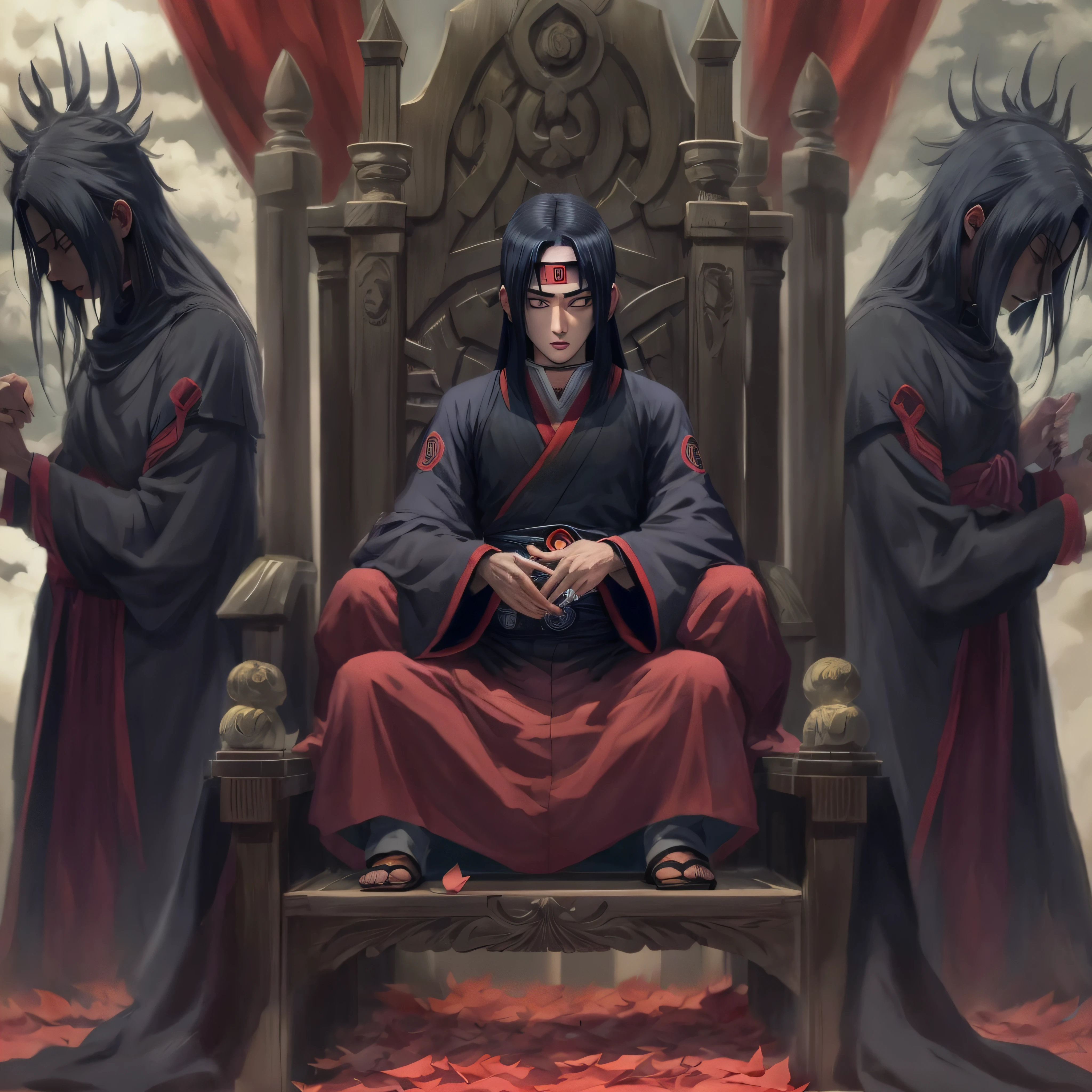 O Rei Uchiha Itachi Sozinho Sentado Em Um Trono Feito De Penas Pretas, Hiper Detalhado, Hiper Realista Melhor Qualidade