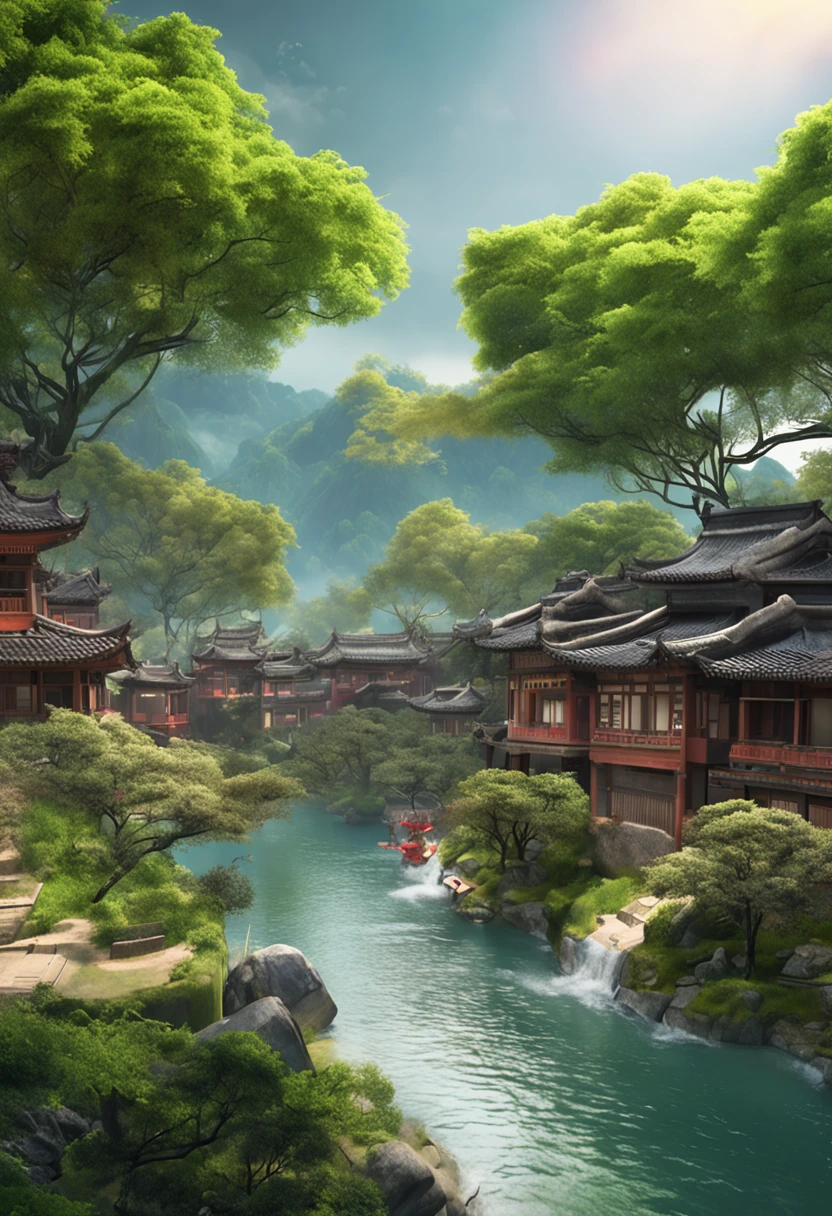 A painting of a river running through a lush green valley and trees, a matte painting by Yang Borun, Trend of CGsociety, number art, dreamy Chinese towns, Beautiful rendering of the Tang Dynasty, A Japanese town made up of trees and a fantasy valley, Beautiful art Ultra HD 4K, Japan Village, chinese village, chinse landscape, beautiful digital artworks, Japan city, Japanese Landscape.