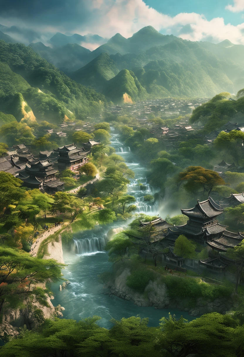 A painting of a river running through a lush green valley and trees, a matte painting by Yang Borun, Trend of CGsociety, number art, dreamy Chinese towns, Beautiful rendering of the Tang Dynasty, A Japanese town made up of trees and a fantasy valley, Beautiful art Ultra HD 4K, Japan Village, chinese village, chinse landscape, beautiful digital artworks, Japan city, Japanese Landscape.