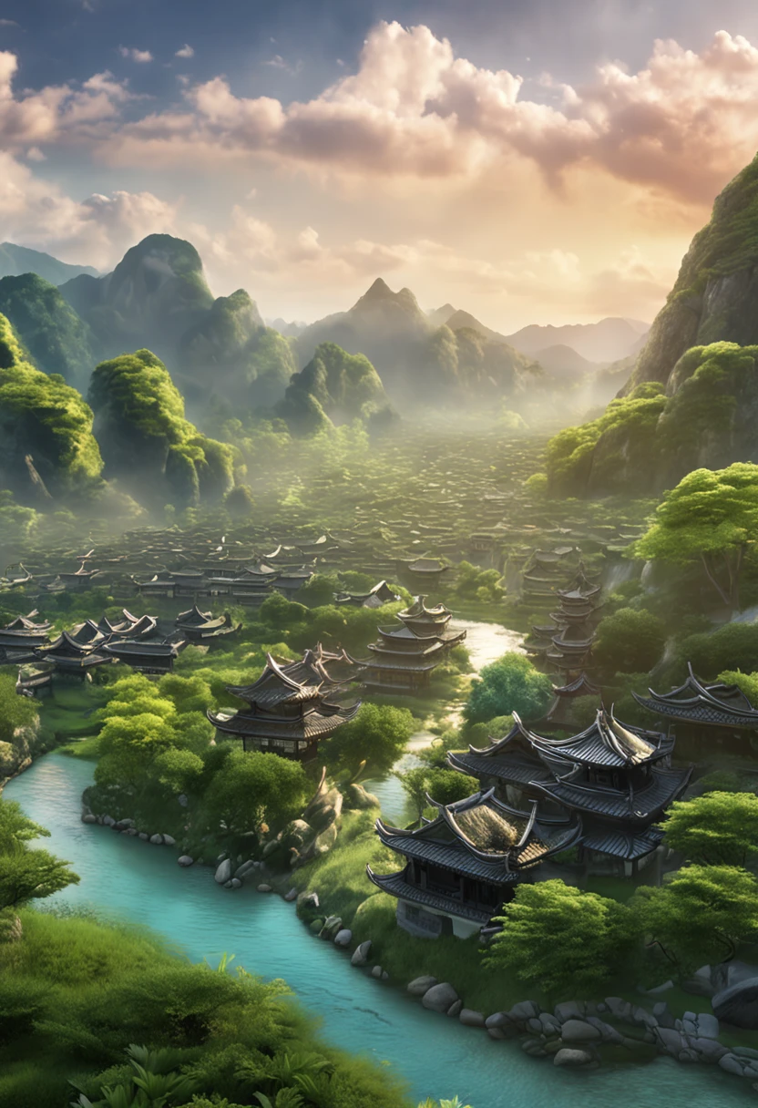 A painting of a river running through a lush green valley and trees, a matte painting by Yang Borun, Trend of CGsociety, number art, dreamy Chinese towns, Beautiful rendering of the Tang Dynasty, A Japanese town made up of trees and a fantasy valley, Beautiful art Ultra HD 4K, Japan Village, chinese village, chinse landscape, beautiful digital artworks, Japan city, Japanese Landscape.