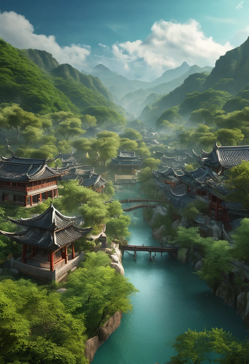 A painting of a river running through a lush green valley and trees, a matte painting by Yang Borun, Trend of CGsociety, number art, dreamy Chinese towns, Beautiful rendering of the Tang Dynasty, A Japanese town made up of trees and a fantasy valley, Beautiful art Ultra HD 4K, Japan Village, chinese village, chinse landscape, beautiful digital artworks, Japan city, Japanese Landscape.