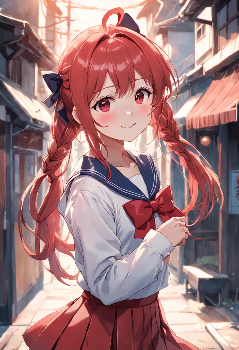 2d, masterpiece, best quality, anime, highly detailed, 1girl, solo, cowboy shot, sumi, single braid, side braid, hair bow, white bow, white shirt, long sleeves, sailor collar, red ribbon, red skirt, pleated skirt, embarrassed, blush, smile, outdoors