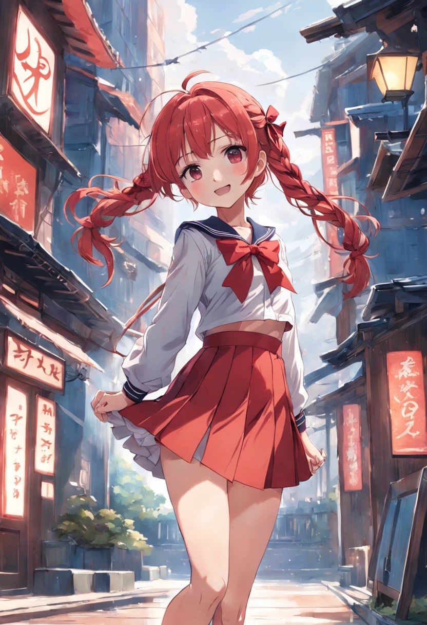 2d, masterpiece, best quality, anime, highly detailed, 1girl, solo, cowboy shot, sumi, single braid, side braid, hair bow, white bow, white shirt, long sleeves, sailor collar, red ribbon, red skirt, pleated skirt, embarrassed, blush, smile, outdoors