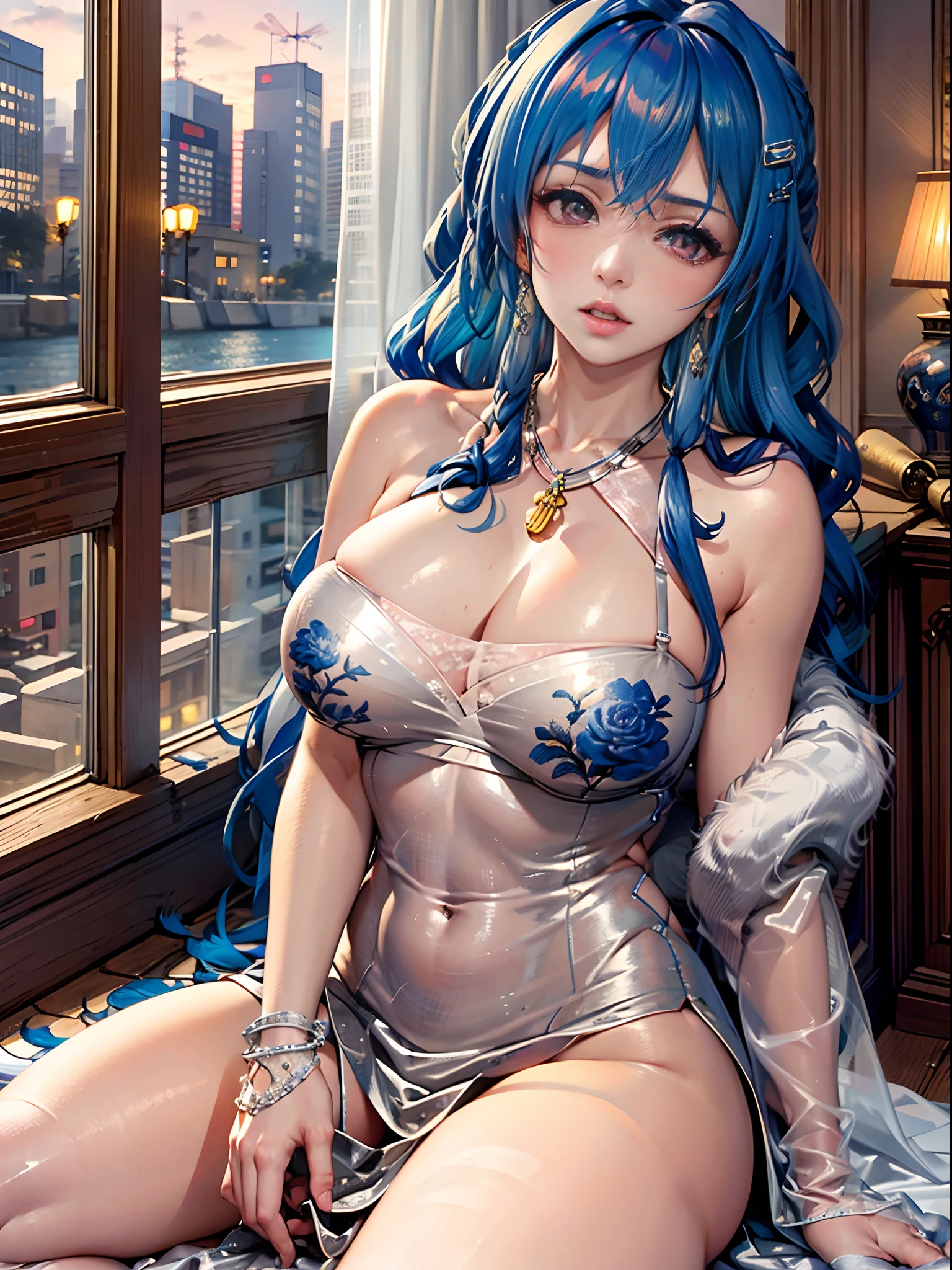 （Enrich the picture，Masterpiece level quality）Beautiful 8K CG artwork，Goddess-like posture，sittinng on the river，Postural exercises，Slim and soft，Translucent skin，Blue hair、The beauty of extra-long hair, Super Long Straight Hair，The skin is fair and juicy，Big breasts lingerie miniskirt uniform，Perspective Part 1.2x enhanced silhouette effect，Exquisite transparent blues pattern in pajamas，The details are intricate and exquisite，The background is slightly blurred，Charming and lustful leg seduction，Drool，K cup big breasts，Blush，Japan goddess，Perfect body slim curves，Scene by the sea，