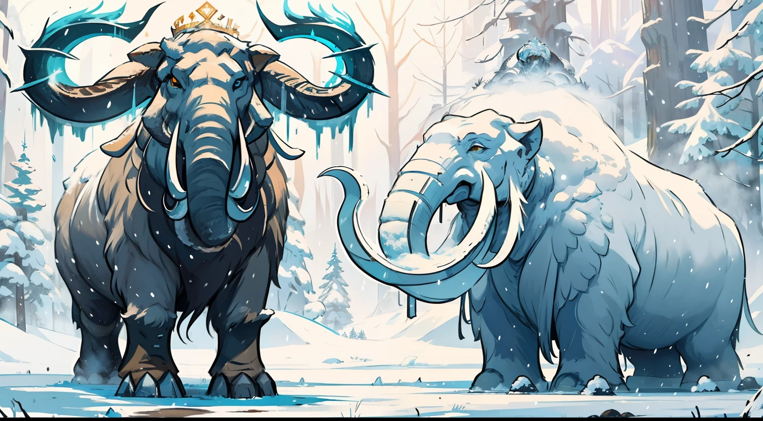 A mammoth wearing a king's crown Frosty mammoth A magical beast with thick and powerful horns A white mammoth in the middle of a magical forest filled with snow in a blizzard A creature Boss of RPG as a dungeon monster A cold white mammoth in the midst of snow Art for RPG RPG illustration of a beast Powerful creature Magic and rune