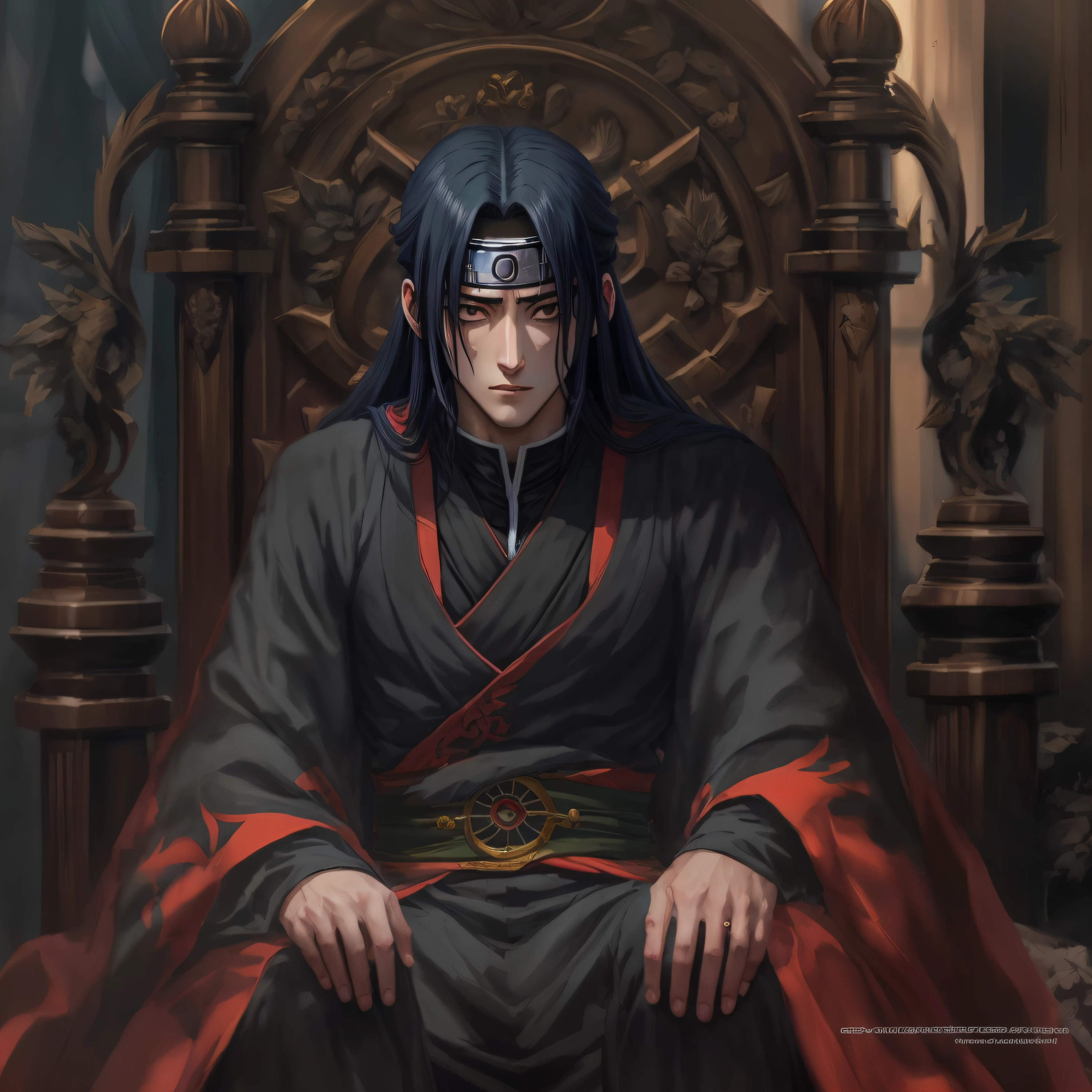 O Rei Uchiha Itachi Sozinho Sentado Em Um Trono Feito De Penas Pretas, Hiper Detalhado, Hiper Realista Melhor Qualidade