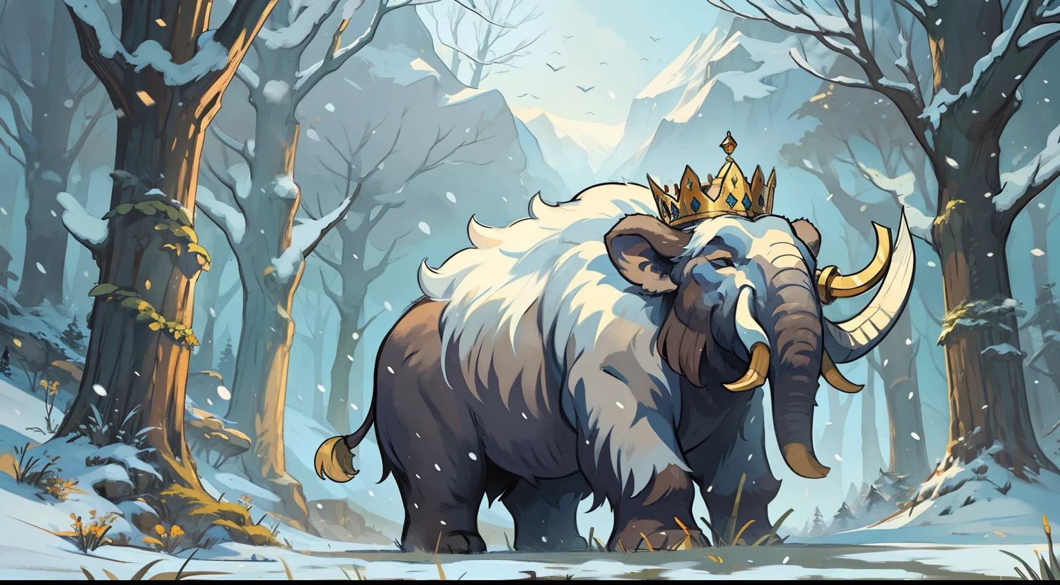 a magical mammoth wearing a king's crown a mammoth king, feroz e poderoso como inimigo, um chefe de masmorra para RPG, um animal grande e gordo, animal, besta com chifres grossos e poderosos, como um papamute, como um mamute branco, uma criatura poderosa no meio de uma floresta de neve em uma arte de RPG de nevasca medieval;
