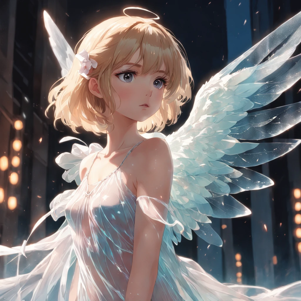 anime drawing of a young angel with a halo flying through the sky, haibane renmei, possibly an angel, an angel, young wan angel, angel girl, emma watson as an angel, sakura kinomoto, cardcaptor sakura, aya takano, angel, cherub, angelical, of an beautiful angel girl, winged girl angel, pixiv contest winner