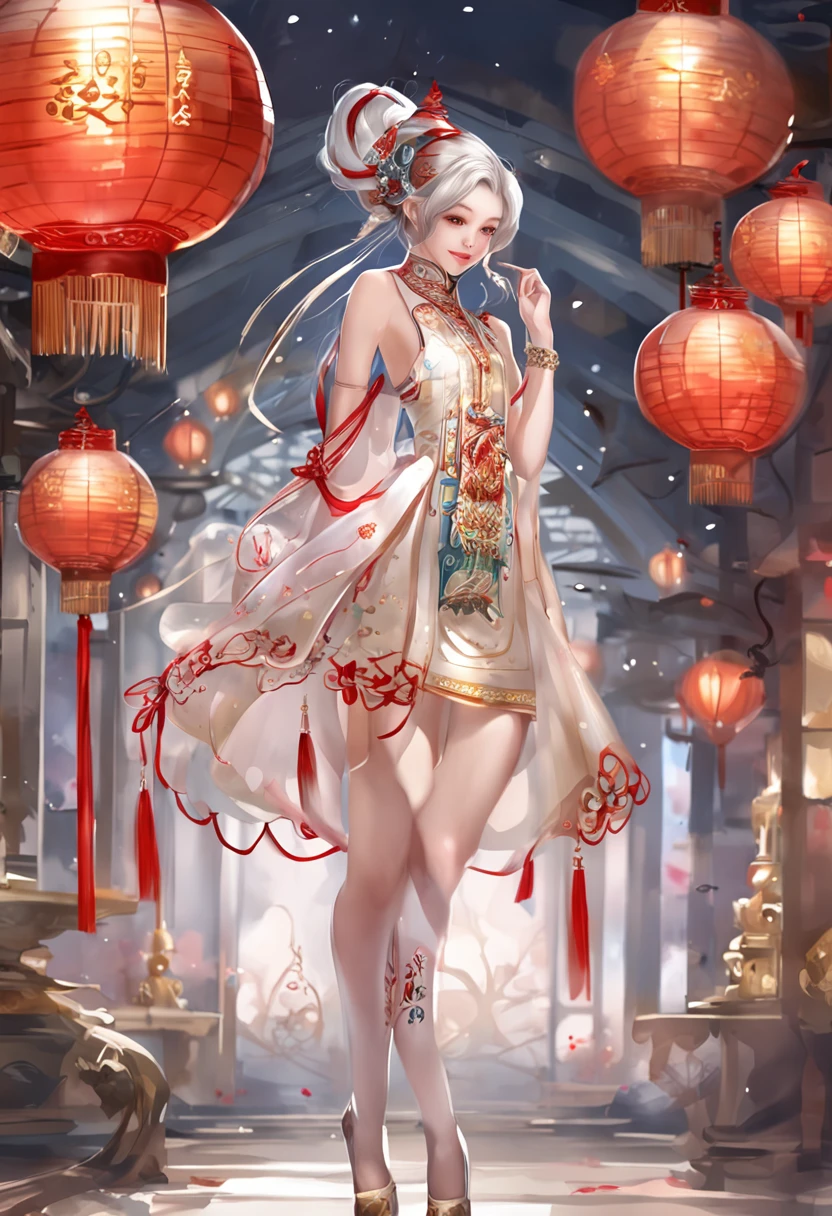 (full body shot of:1.4), Space art, 1 Cheongsam woman，Standing posture，Transparent robotic arm，Slender figure，perfectly proportions，Delicate hair accessories, Smile，Transparent mechanical shoes, Oriental elements, ( Bokeh)，High quality，4K，3D