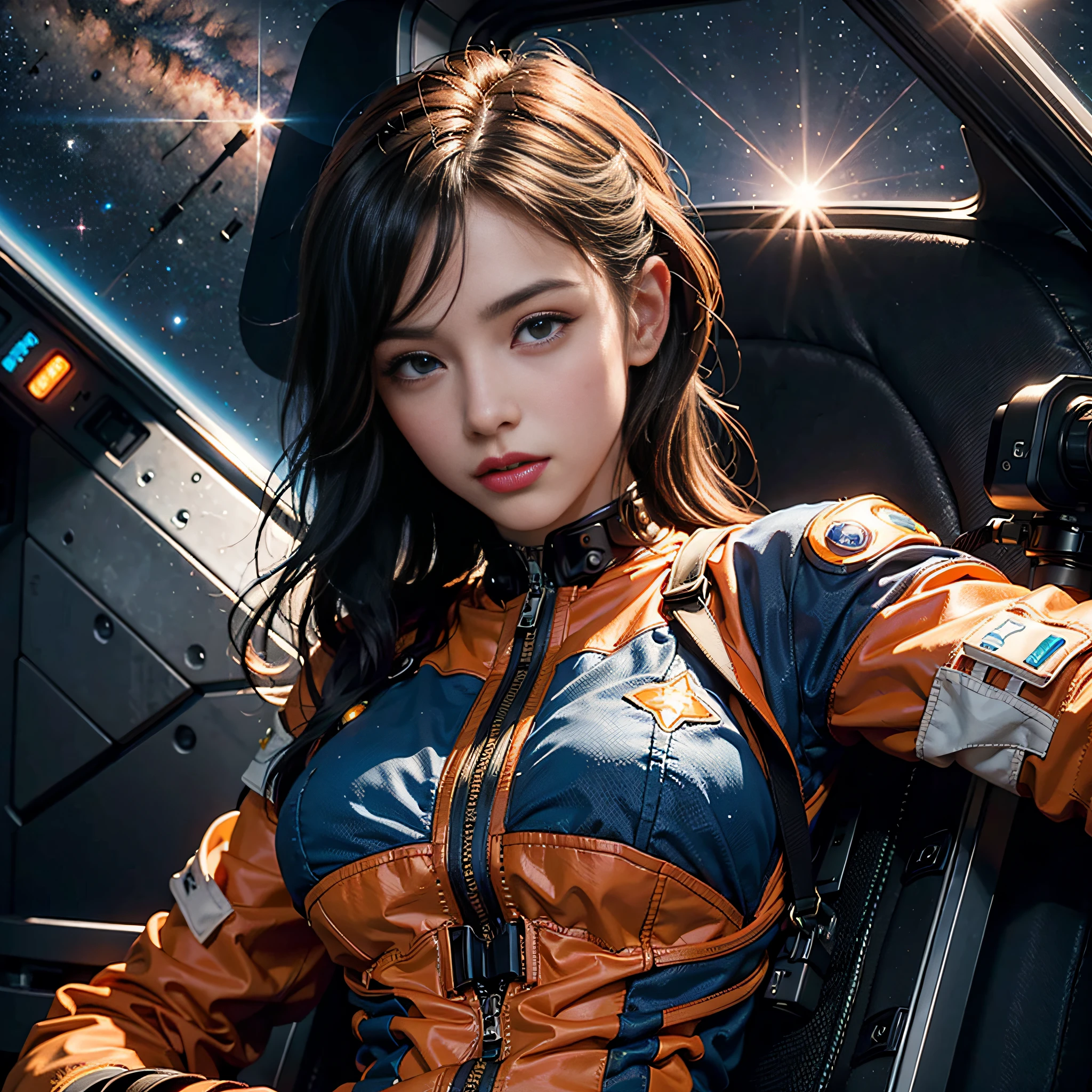 A close up of a woman in a space suit sitting in a vehicle - SeaArt AI