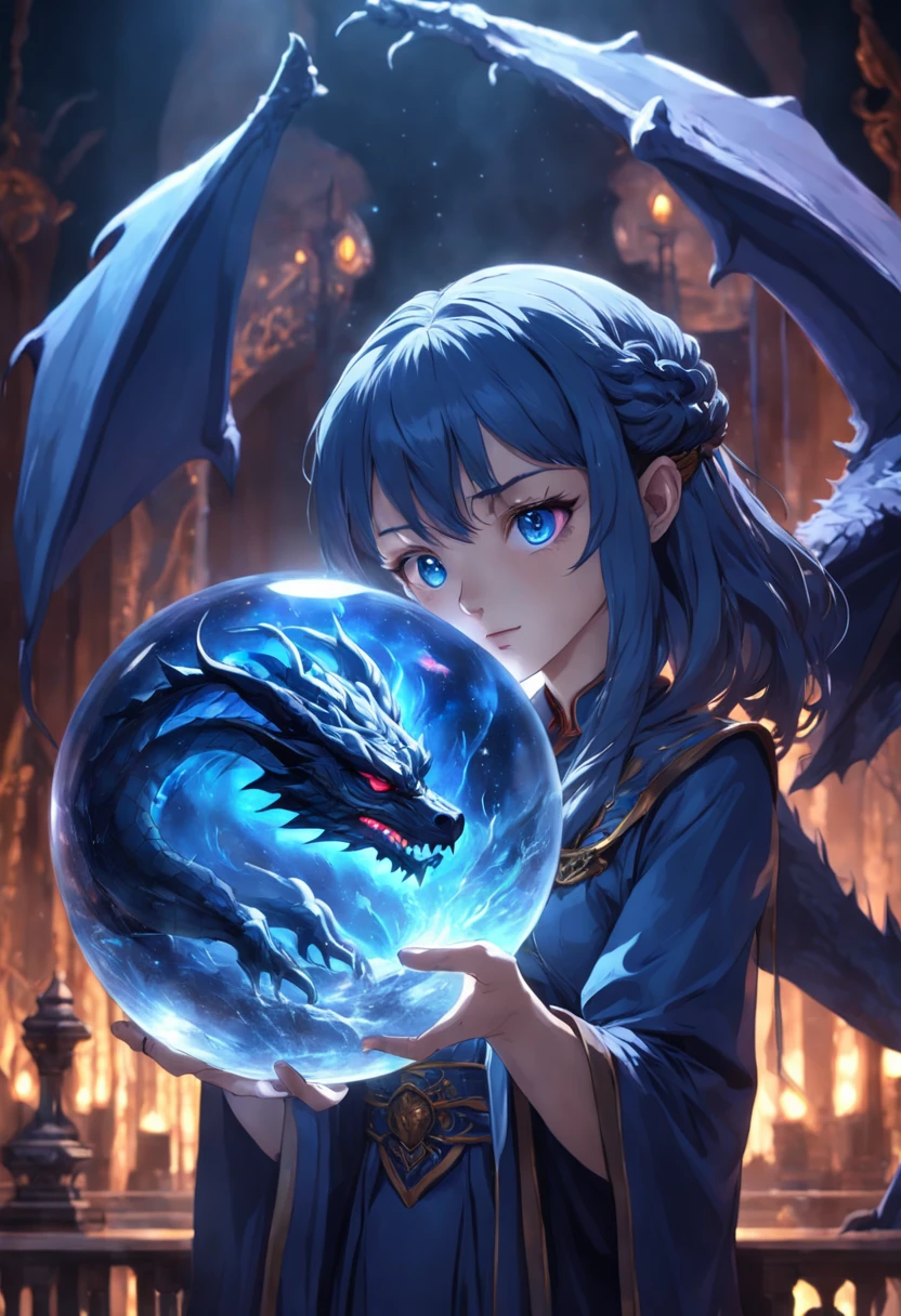Moonlight, The evil witch casts magic on the crystal ball in front of her, (There is a western dragon in the crystal ball), The witch's eyes glowed with blue flames, Electroluminescence, dreamy glow, Anatomically correct, (Photorealistic,Masterpiece,Best quality,hyper HD,Extremely detailed, Cinematic lighting )