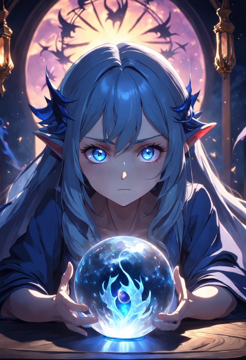 Moonlight, The evil witch casts magic on the crystal ball in front of her, (There is a western dragon in the crystal ball), The witch's eyes glowed with blue flames, Electroluminescence, dreamy glow, Anatomically correct, (Photorealistic,Masterpiece,Best quality,hyper HD,Extremely detailed, Cinematic lighting )