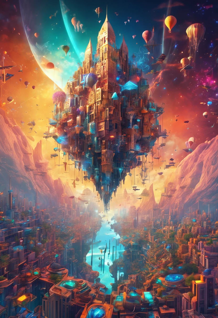 Imagine a world suspended among the clouds, with floating cities and celestial waterfalls.
 (highly epic detailed geometric futuristic:1.5), centered, middle of an Insanely colorful epic realistic, (centered with the frame:1.4), prismatic. grid, triangles, fractal, elemental fusion,  (gold:0.9), (chromium:0.9)