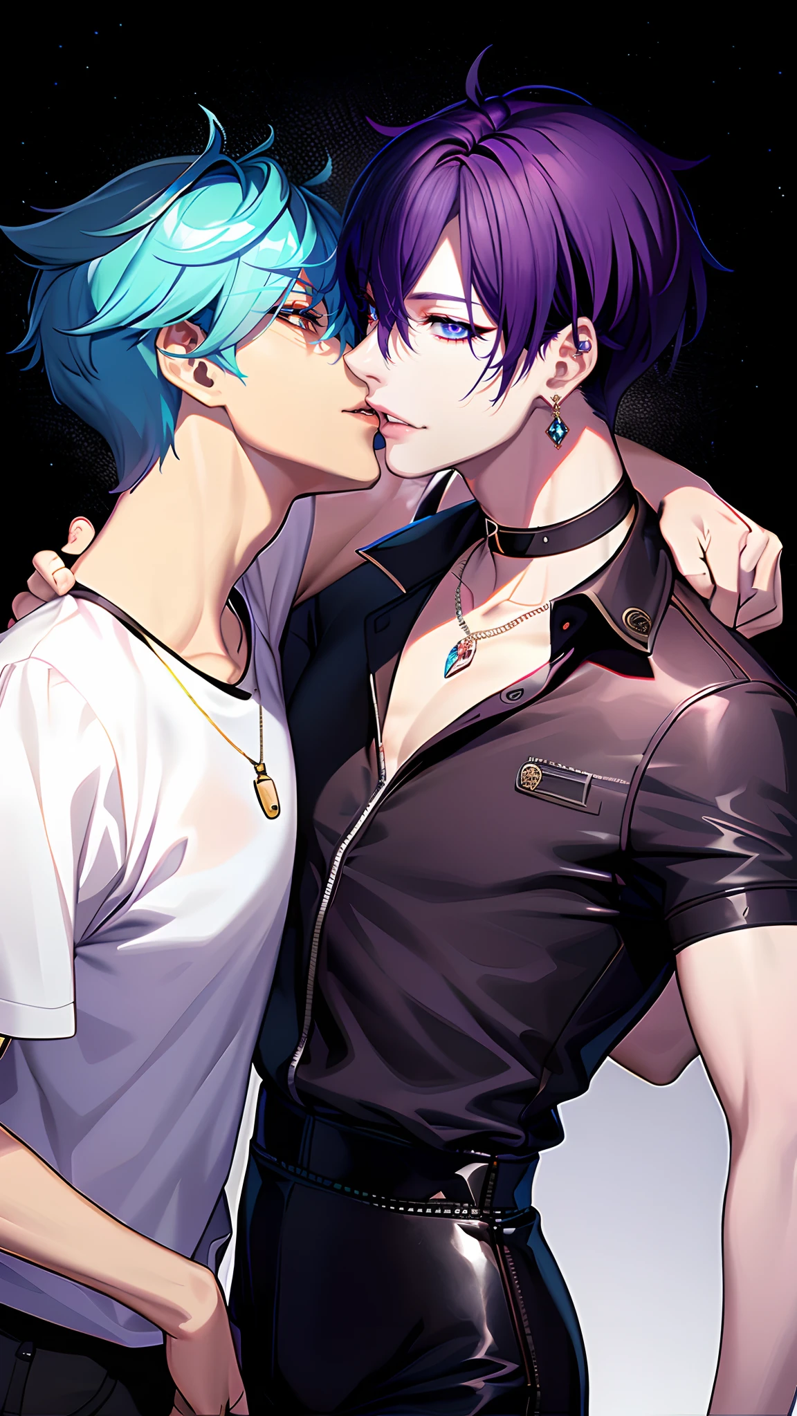 masterpiece, top-quality, 2Others, Male couple, 1 man and 1,, Adults, Height difference, different fashion, different color, finely eye and detailed face, intricate detailes, Casual clothing, Oversized shirt, Modern urban streets, A smile, Happiness, tenderness, queers, high-level image quality、 Two beautiful men、tall、The upper part of the body、nightfall、nighttime scene、𝓡𝓸𝓶𝓪𝓷𝓽𝓲𝓬、Two Men Kissing, Korean Male, Idol Photos, k pop, Professional Photos, Vampires, Korean fashion in black and white, Fedoman with necklace, inspired by Sim Sa-jeong, androgynous vampire, :9 detailed face: 8, extra detailed face, detailed punk hair, ((eyes are brown)) baggy eyes, Seductive. Highly detailed, semi realistic anime, Vampires, hyperrealistic teen, delicate androgynous prince, imvu, short hair above the ears, Man with short hair, Purple-haired man with a glaring expression and a man with light blue hair with a gentle expression, With a short-haired man with bright purple hair, Man with light blue hair, kiss together, Kissing each other,