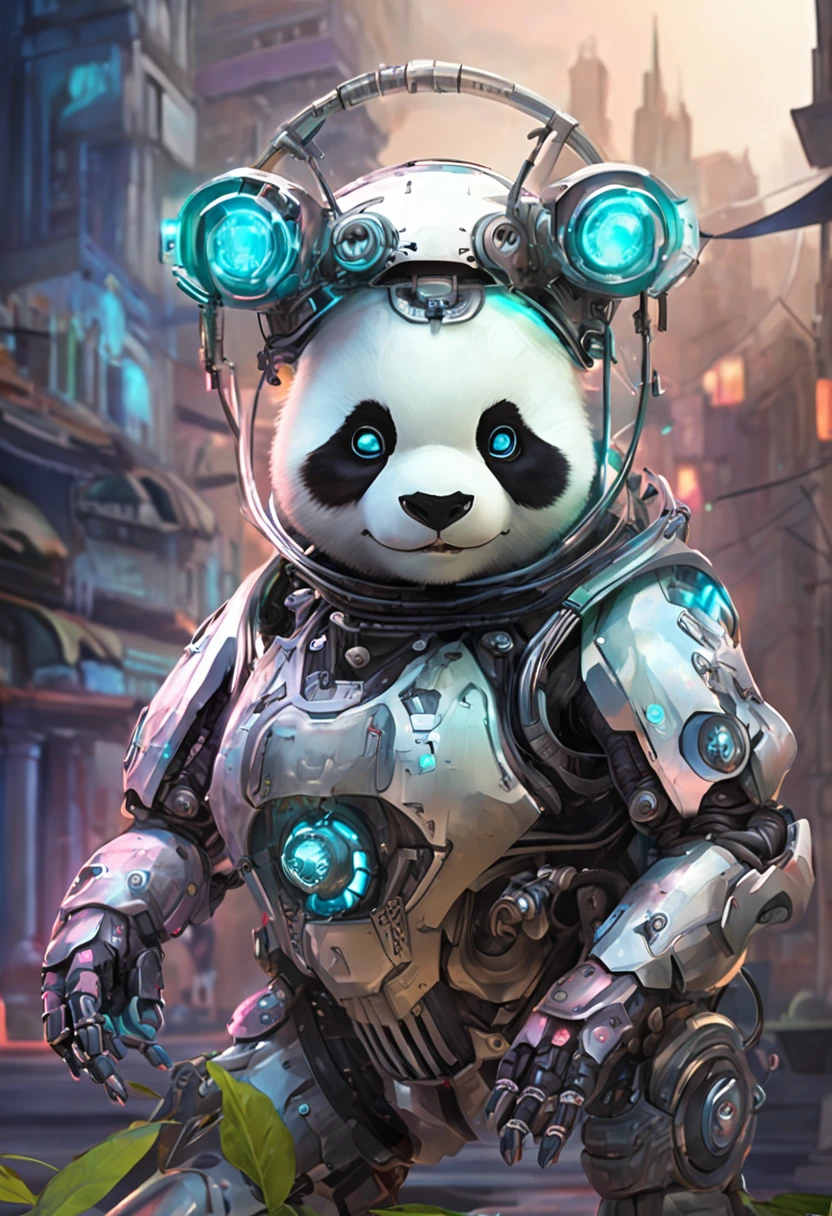 personification，Transparent mechanical panda，Cyberpunk, dreamy glow, luminous neon lights, ( Global illumination, Ray traching, hdr, unreal render,reasonable design, high detal, Masterpiece, Best quality, hyper HD, Cinematic lighting), Mecha musume