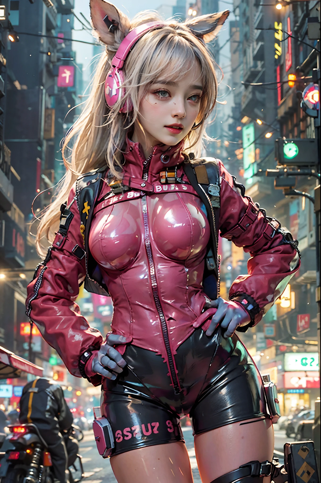 (RAW photo, best quality, masterpiece:1.2), (realistic, photo-realistic:1.4),(masterpiece:1.4),(best quality:1.4), 2girls, solo, :d, cat ear headphones, arms up, bangs, blush, bodysuit, breasts, bunny pose, clothes writing, cowboy shot, cropped jacket, gloves, (((cyberpunk city streets background))), hair intakes, headphones, tech bodysuit, impossible clothes, tech jacket, large breasts, latex, latex bodysuit, long hair, long sleeves, looking at viewer, large breasts, open mouth, pink bodysuit, pink eyes, red jacket, shiny clothes, shrug \(clothing\), sidelocks, skin tight, smile, (laughing), (((thigh gap))), thighs, twintails, very long hair, white gloves, white hair,alice \(nikke\),(shiny skin),realistic.