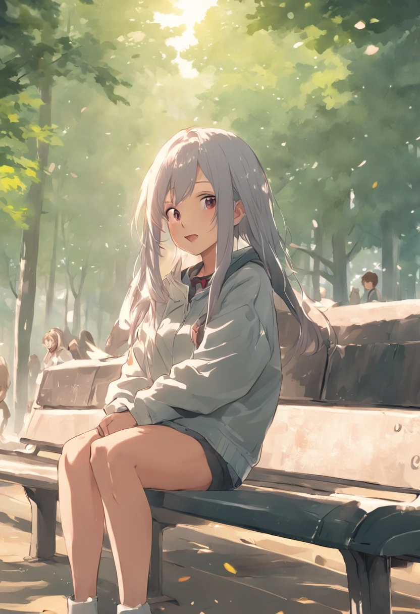 Pixiv style, hi-res, hyper-realistic, anime style, 4K, one woman. Japan high school students are sitting on a park bench. High school athletic clothes. Jersey. Shot from diagonally sideways. The woman is looking up at me and smiling with her mouth shut. A woman's face is written with extreme precision. Medium hair length. Slightly larger breasts. A woman with a model-like body type. Extremely precisely drawn female eyes. Beautiful female face. Two legs. Two arms. Five fingers written with extreme precision, a park with a quiet Japan of fresh greenery.