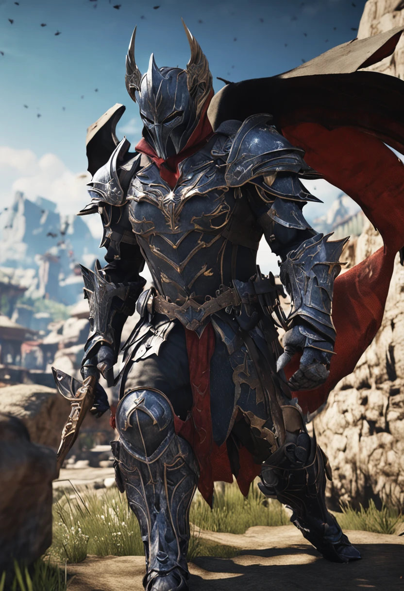 Realistic yet sinister, incredible masterpiece from ff14, job is Dark Knight, tall elf, greatsword, Dark Knight's Armor, Fantasy town, Morning, full body shot, High - quality, Caustics, Masterpiece, 16k, Unreal engine, subsurface scattering, glossy, hyperdetailed photography, realism, hyperrealism, 32k UHD, Canon XF605