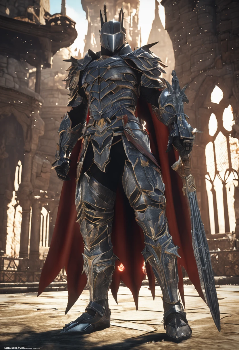 Realistic yet sinister, incredible masterpiece from ff14, job is Dark Knight, tall elf, greatsword, Dark Knight's Armor, Fantasy town, Morning, full body shot, High - quality, Caustics, Masterpiece, 16k, Unreal engine, subsurface scattering, glossy, hyperdetailed photography, realism, hyperrealism, 32k UHD, Canon XF605
