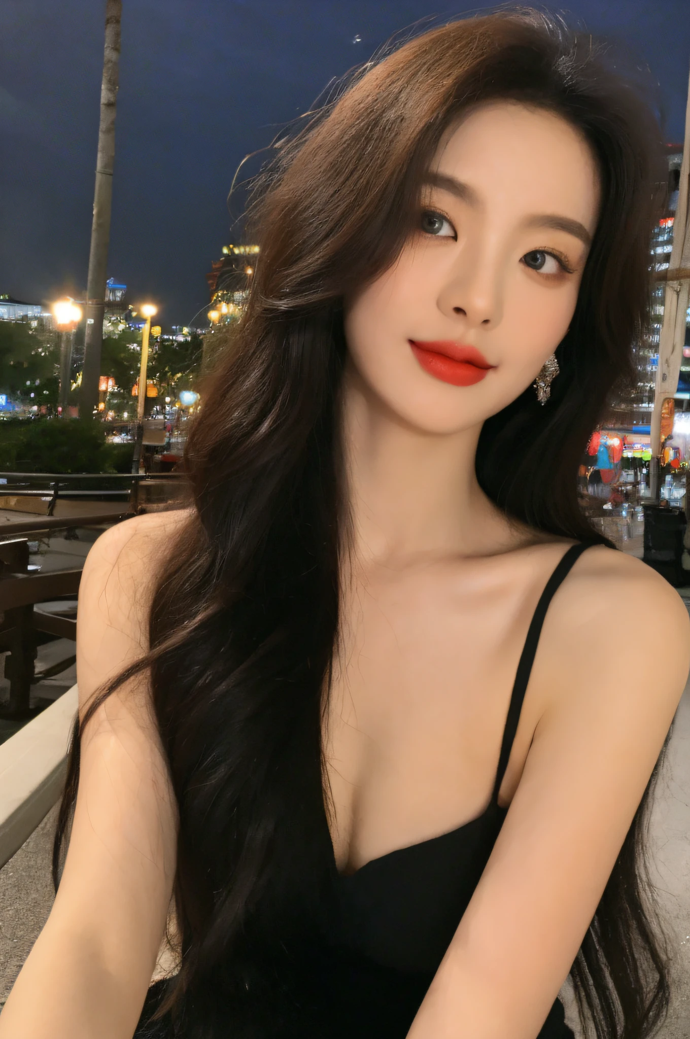 a woman in black dress standing on street with hand on shoulder, beautiful south korean woman, beautiful asian girl, attractive girl, young asian girl, beautiful lonely girl, CG unity (extreme) detail 8k wallpaper, masterpiece, best quality:1.2), High detail, Best image quality, surreal, Beautiful Women with Perfect Figure, a realistic woman, a beauty woman, a young woman, lipsticks, Peerless beauty, long hair (yellow) curly hair, Exquisite and perfect facial features, the most beautiful big eyes, Be red in the face, medium breasts, cleavage, sexy body, body stunning figure, perfect body beauty, full body, stylish, slim waist, bare shoulder, very detailed facial and skin structure, harmonious facial details, fair skin, glittery eyes, soulful eyes, pretty eyes, Double eyelids, city view on night and led